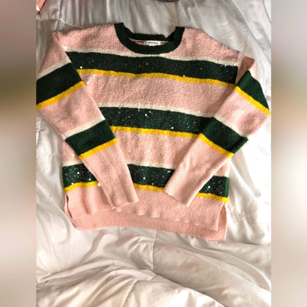 Kids' Sparkle Sweater In Green Pinecone Sparkle Stripe, sz 10/12 (L). NWOT